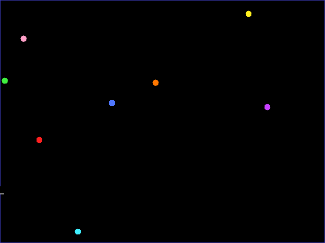 Linux 版 bounce — /dev/fb0 を mmap して描いた8色のボール