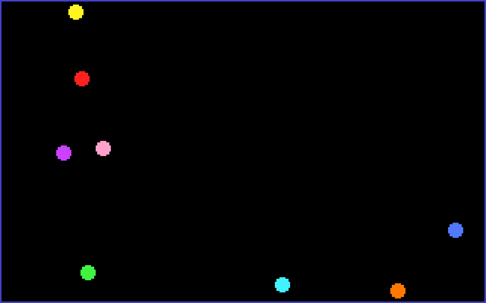 BOUNCE.COM — FreeDOSの中で8色のボールが跳ねる