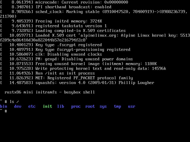 Linux (フレームバッファ) — fbcon がカーネル自身のフォントで描いた起動ログと ls /