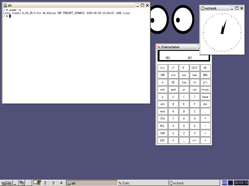 小物 — xclock / xeyes / xcalc、xterm には uname -a (6.18.35 i686)。全部ソフトウェア描画